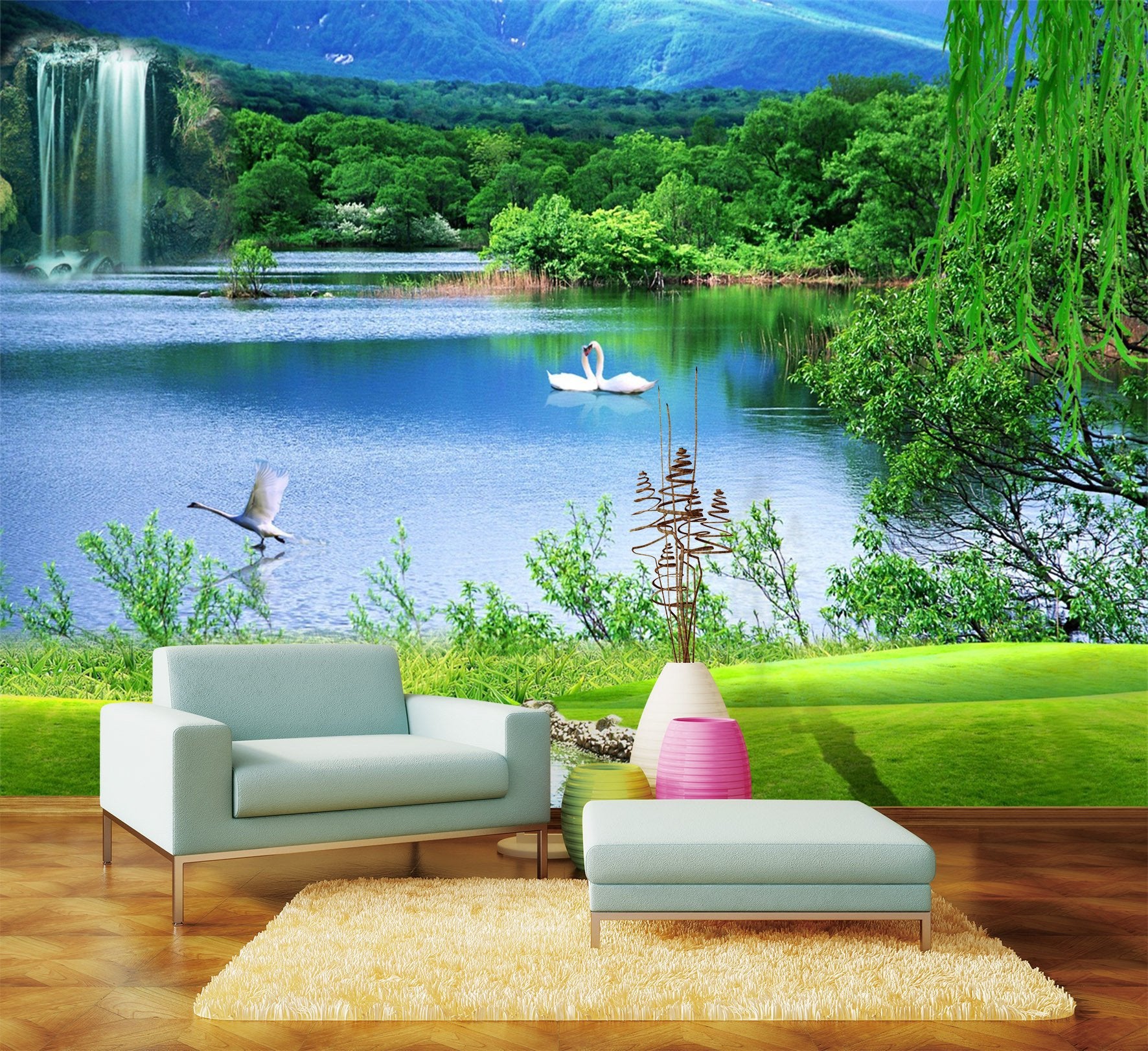3D Waterfall Lake And Swan Tree 67 Wallpaper AJ Wallpaper