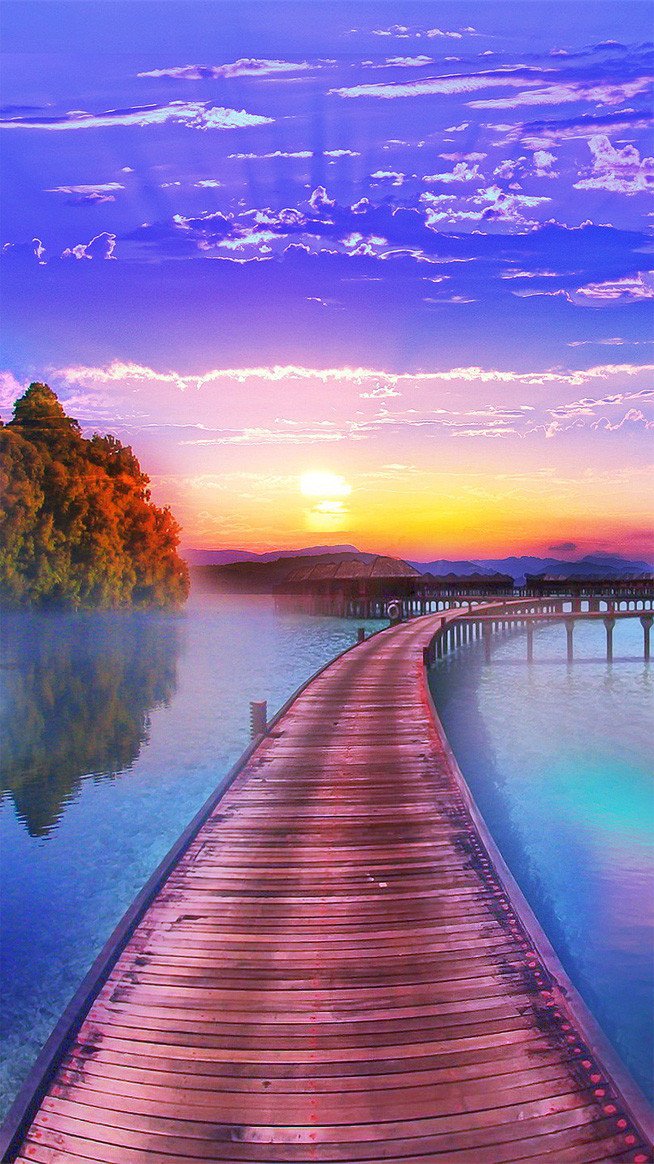 3D setting sun lake water plank bridge door mura Wallpaper AJ Wallpaper