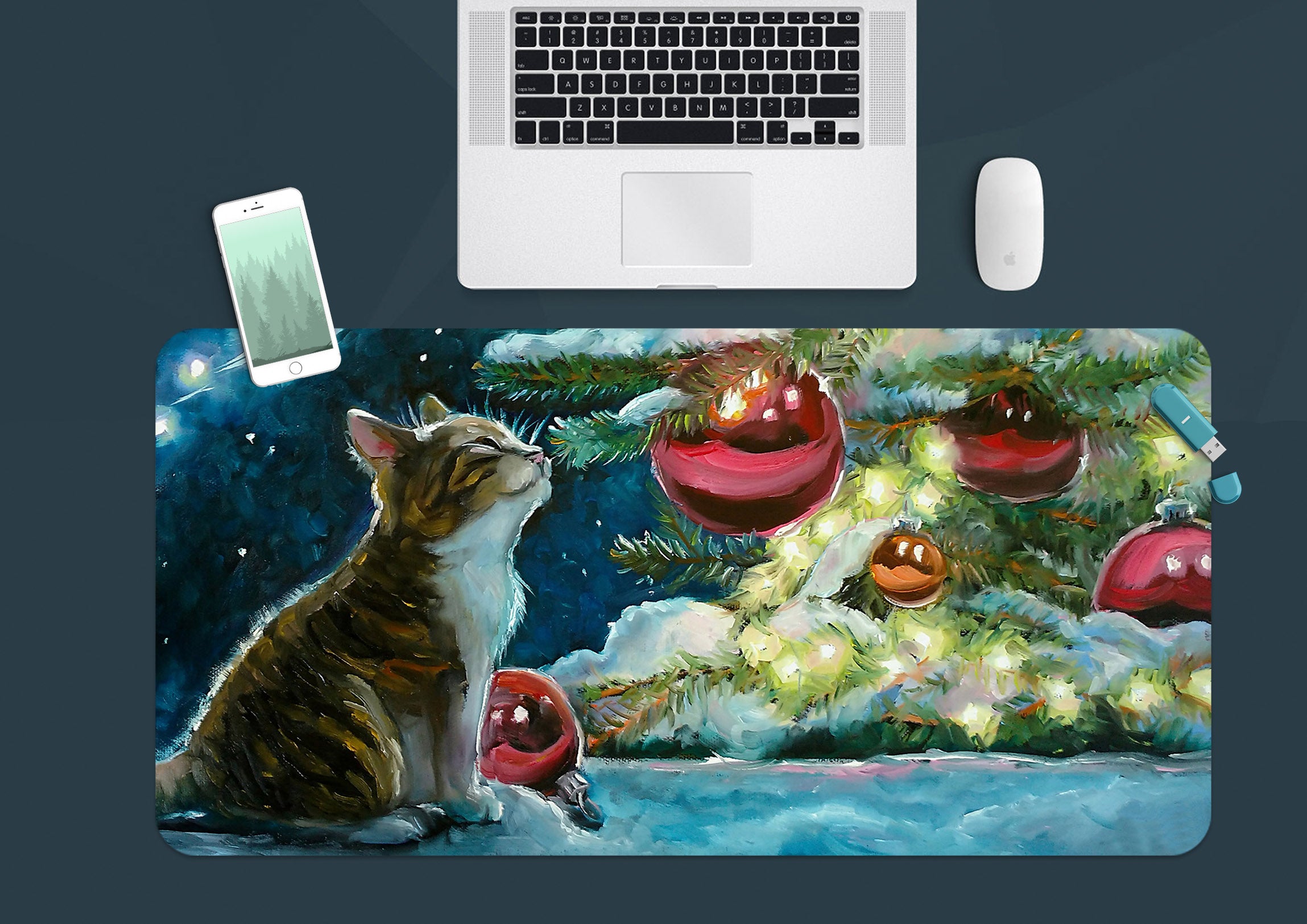 3D Cat Tree Red Ball 53228 Christmas Desk Mat Xmas