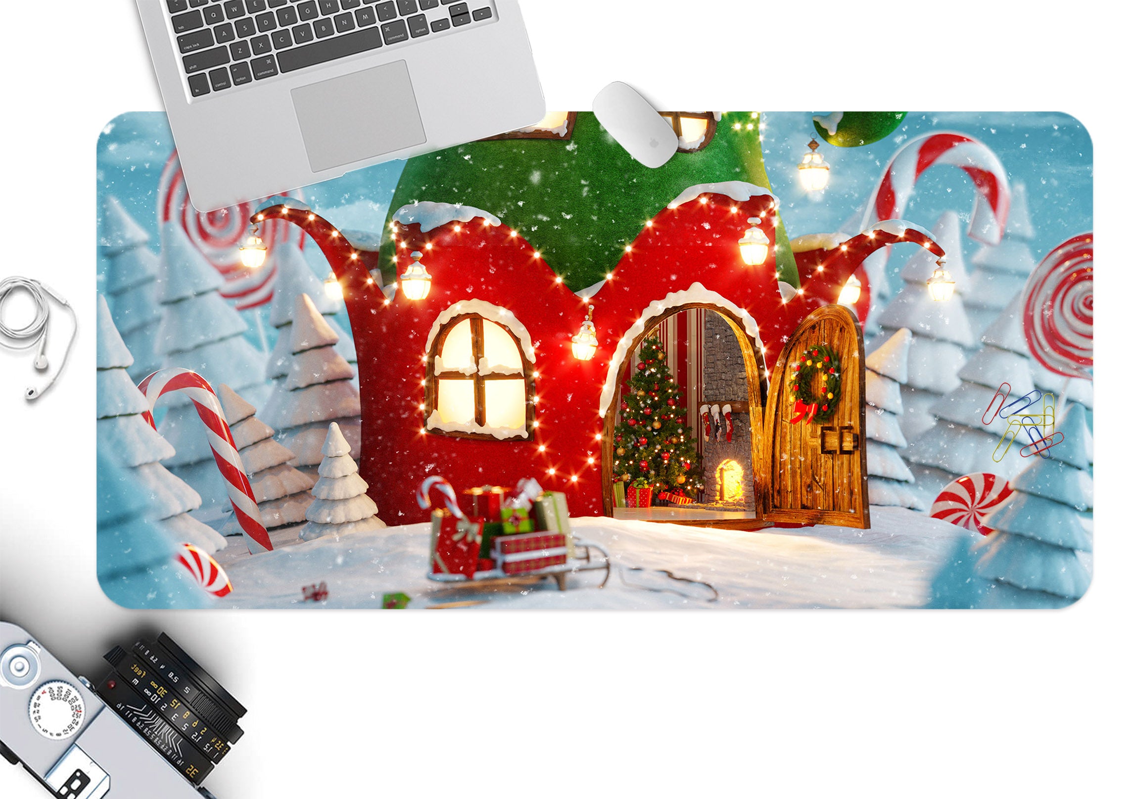 3D Red Green Cabin 53202 Christmas Desk Mat Xmas