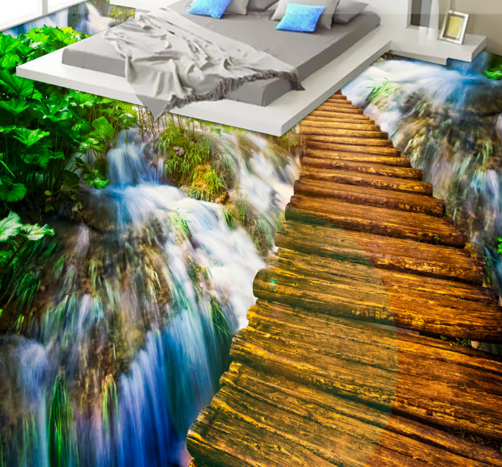 3D Waterfall And Bridge Floor Mural Wallpaper AJ Wallpaper 2