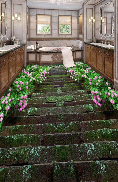3D Mossy Stone Steps Floor Mural Wallpaper AJ Wallpaper 2