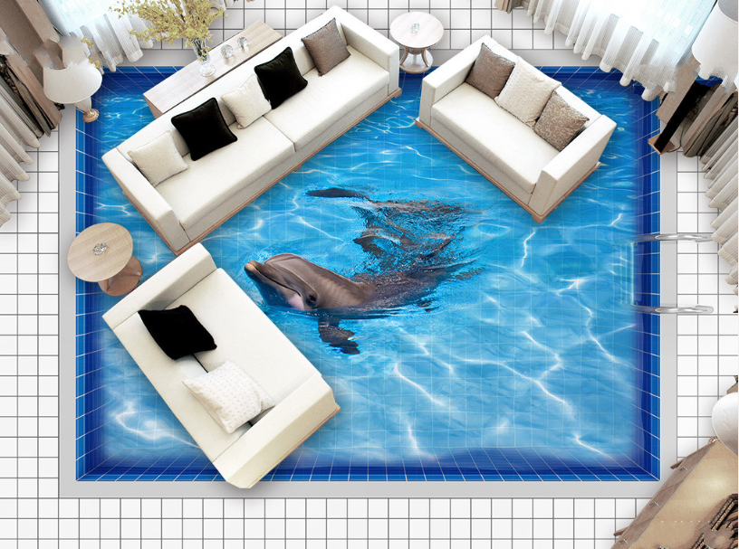 3D Pond Dolphin 207 Floor Mural Self-Adhesive Sticker Bathroom Non-slip Waterproof Flooring Murals