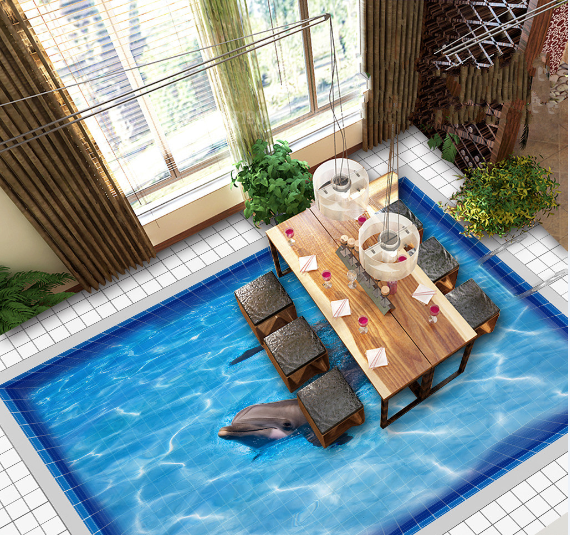 3D Pond Dolphin 207 Floor Mural Self-Adhesive Sticker Bathroom Non-slip Waterproof Flooring Murals