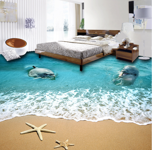 3D Beach Dolphins 444 Floor Mural Wallpaper Murals Rug & Mat Print Epoxy waterproof bath floor