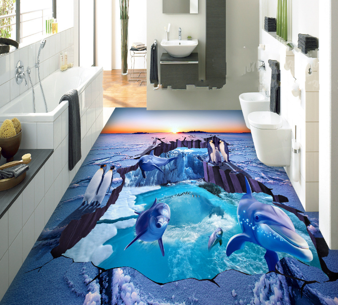 3D Dolphins And Penguins Floor Mural Wallpaper AJ Wallpaper 2