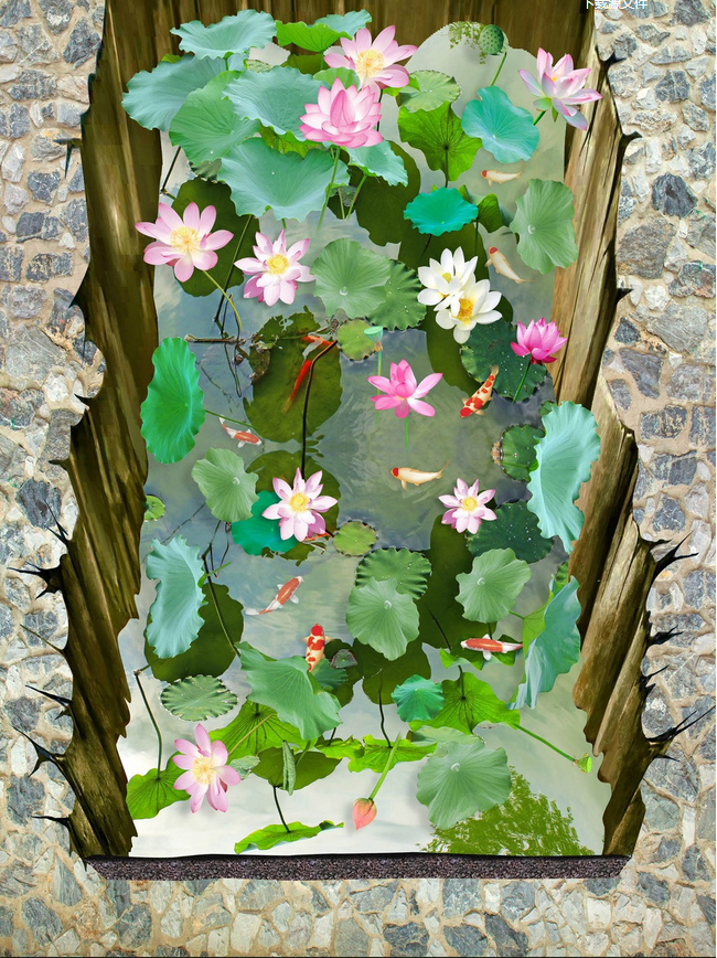 3D Hole Lotus Pond Floor Mural Wallpaper AJ Wallpaper 2