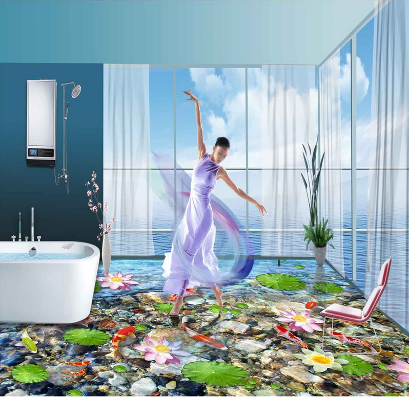 3D Lotus And Fish Floor Mural Wallpaper AJ Wallpaper 2