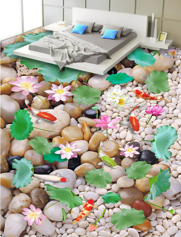 3D Pebbles And Lotus Floor Mural Wallpaper AJ Wallpaper 2