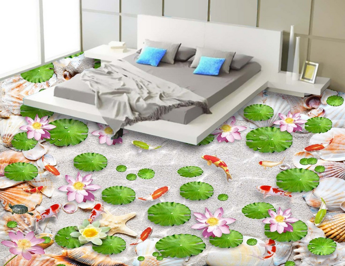 3D Lotus Beach Floor Mural Wallpaper AJ Wallpaper 2