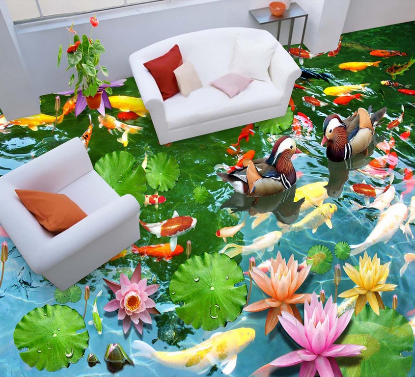 3D Bright Lotus Pond Floor Mural Wallpaper AJ Wallpaper 2