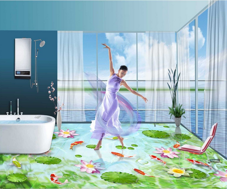 3D Fresh Lotus Pond Floor Mural Wallpaper AJ Wallpaper 2