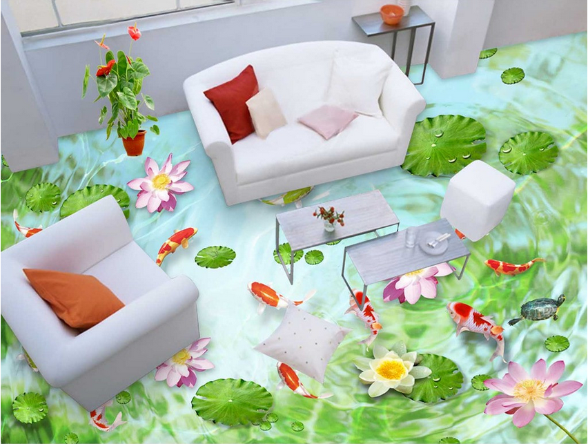 3D Fresh Lotus Pond Floor Mural Wallpaper AJ Wallpaper 2