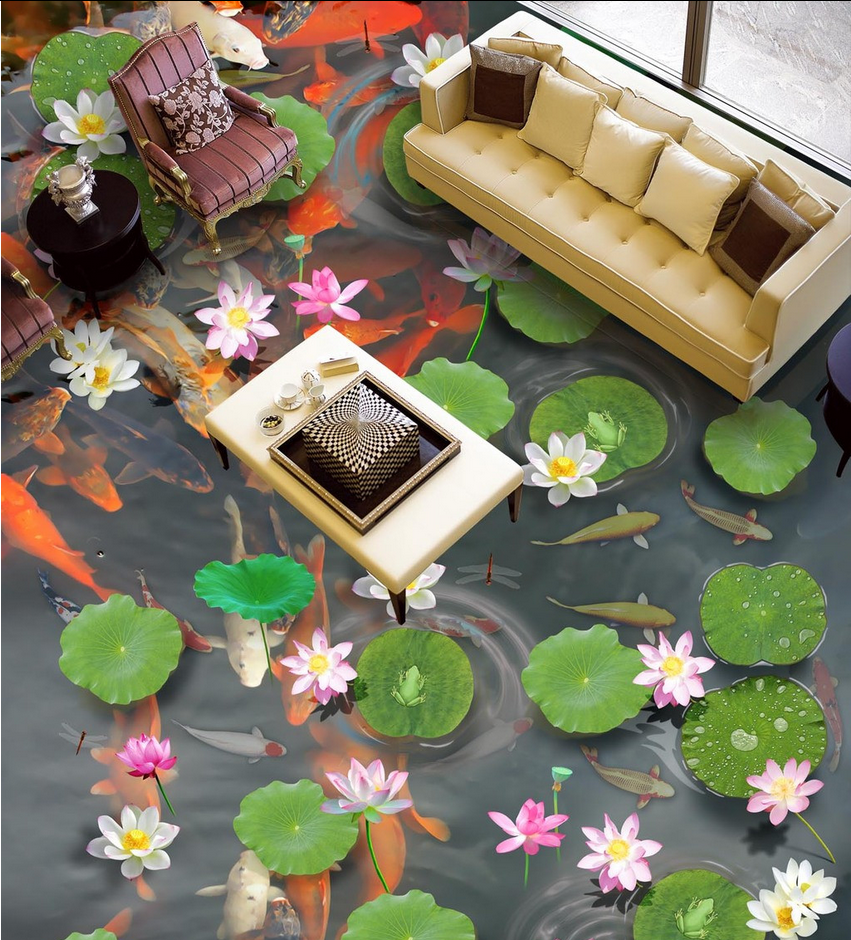 3D Lively Lotus Pond Floor Mural Wallpaper AJ Wallpaper 2