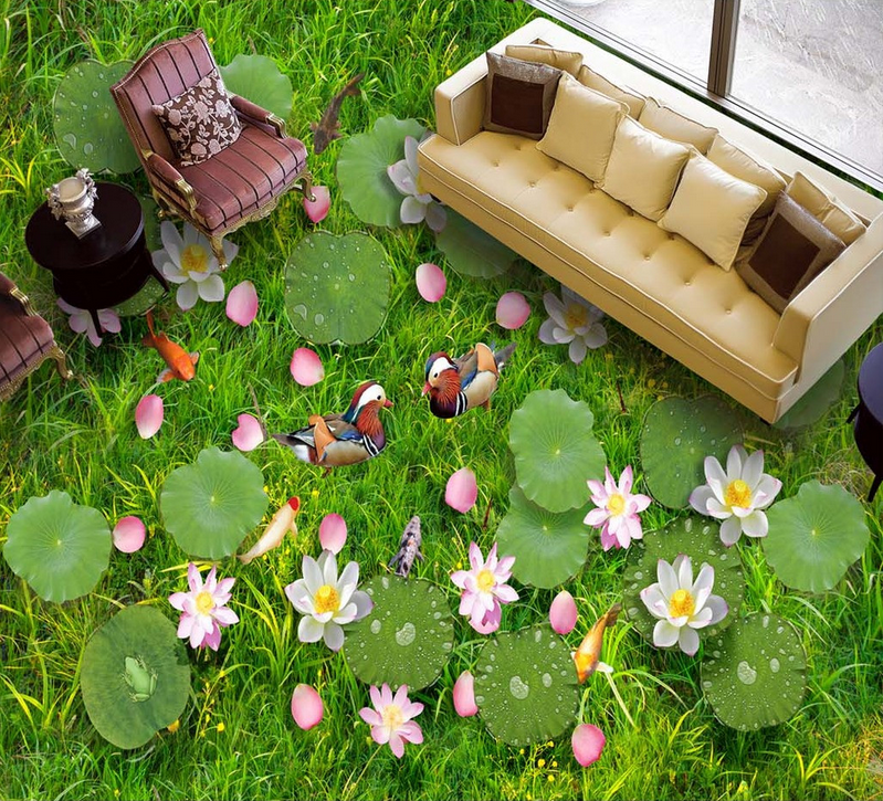 3D Grassland Lotus Floor Mural Wallpaper AJ Wallpaper 2