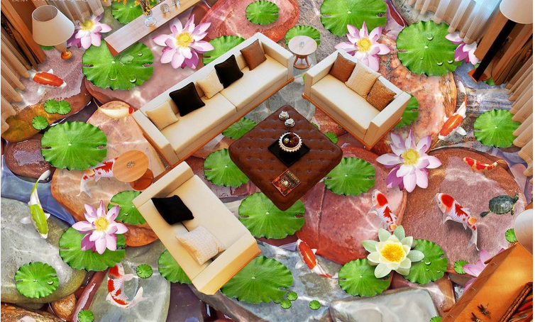 3D Lotus Pond Stones Floor Mural Wallpaper AJ Wallpaper 2