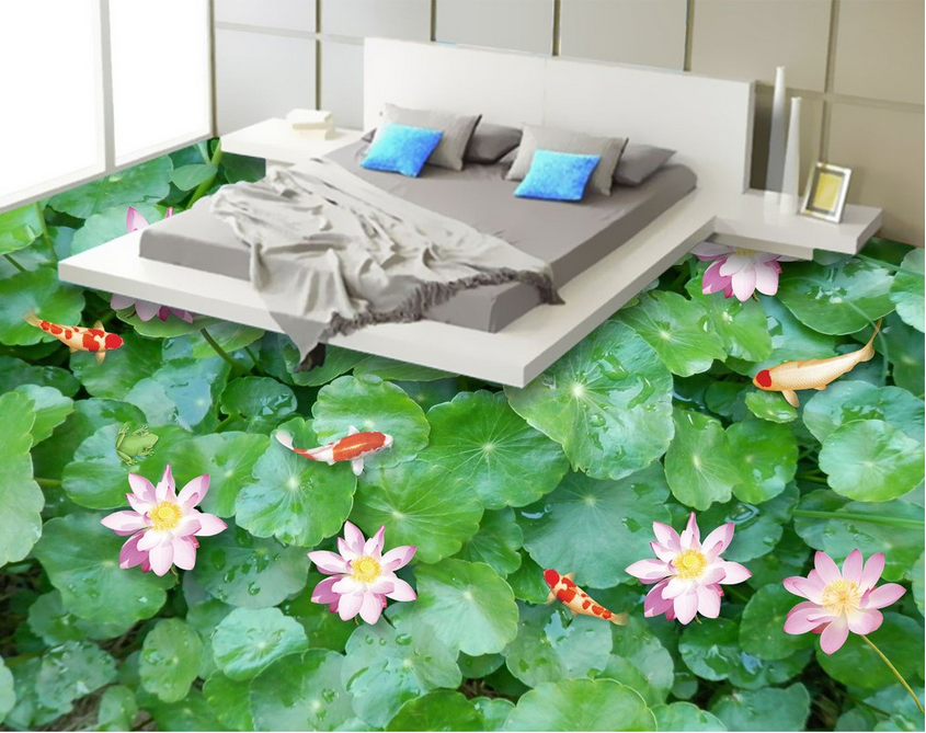3D Green Lotus Pond Floor Mural Wallpaper AJ Wallpaper 2