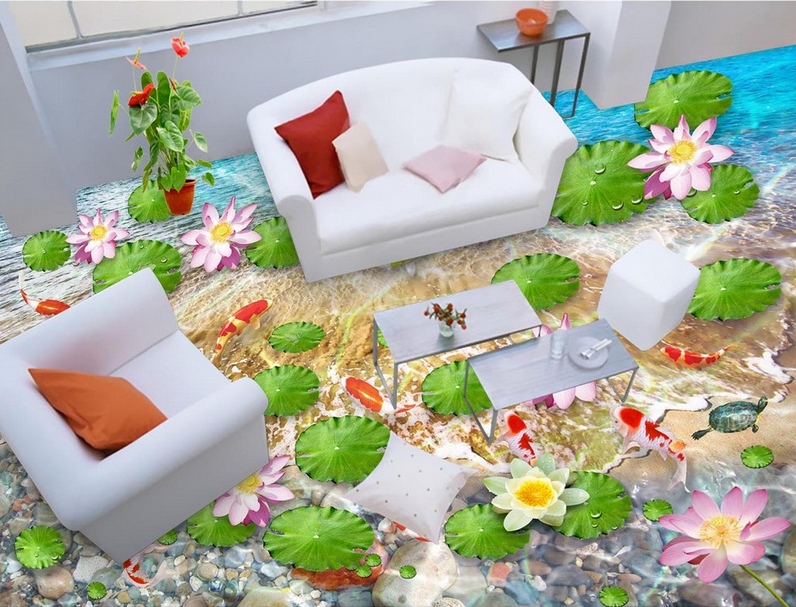 3D Elegant Lotus Pond Floor Mural Wallpaper AJ Wallpaper 2