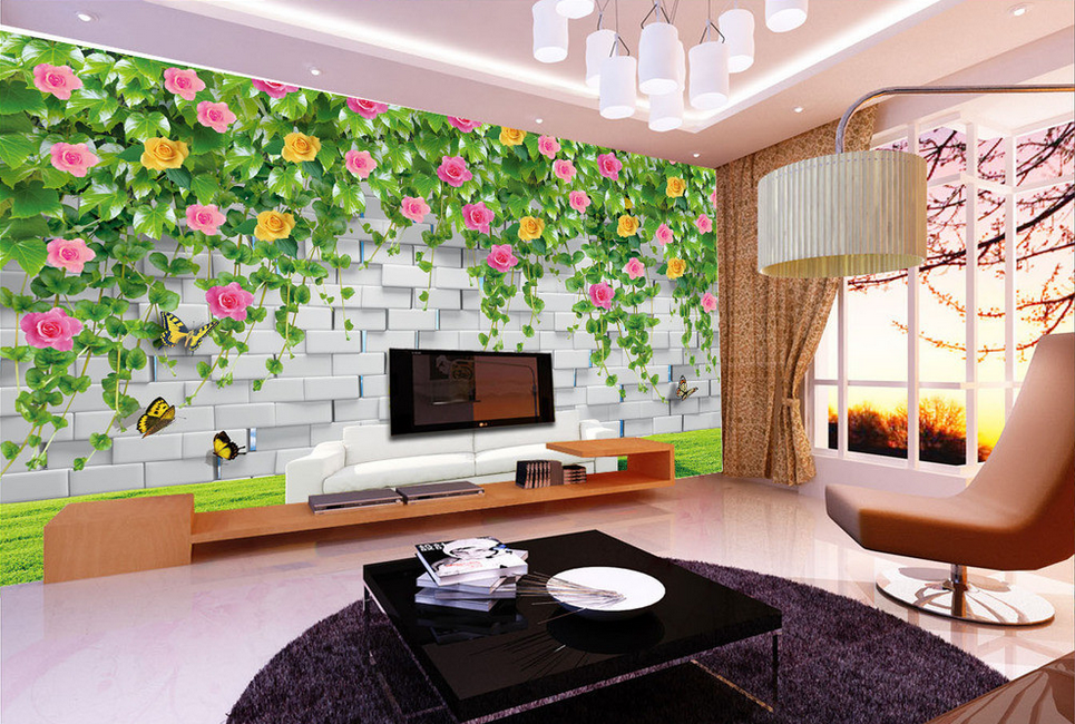 Flowers Vines And Bricks Wallpaper AJ Wallpaper