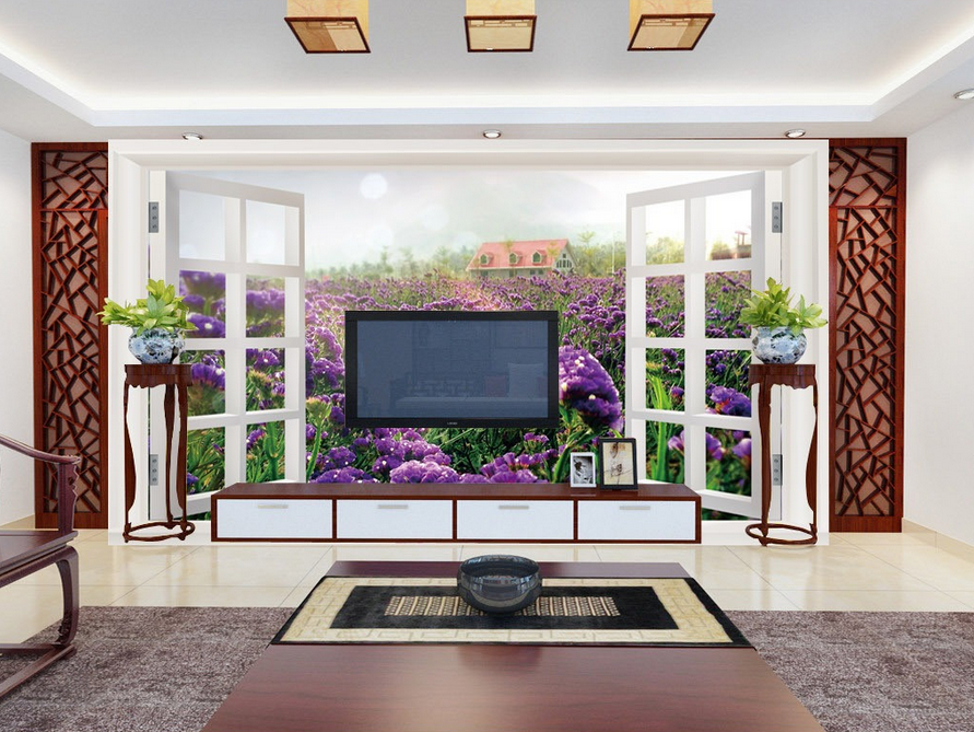 Window Purple Flowers Field Wallpaper AJ Wallpaper