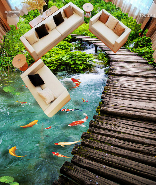 3D Fish Pond 019 Floor Mural Wallpaper AJ Wallpaper 2