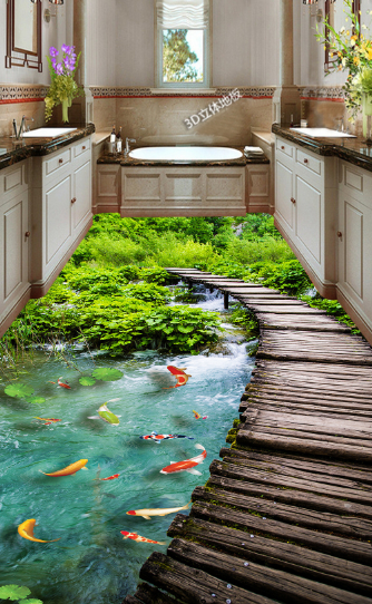 3D Fish Pond 019 Floor Mural Wallpaper AJ Wallpaper 2
