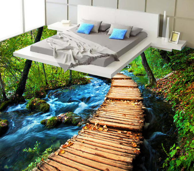 3D Curved Wooden Bridge 170 Floor Mural Wallpaper AJ Wallpaper 2
