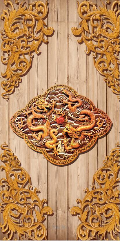 3D board carved loong door mural Wallpaper AJ Wallpaper