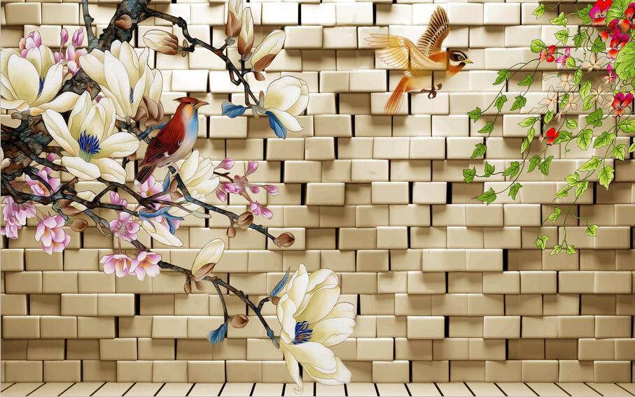 3D Brick flower colorful birds Wallpaper AJ Wallpaper 1