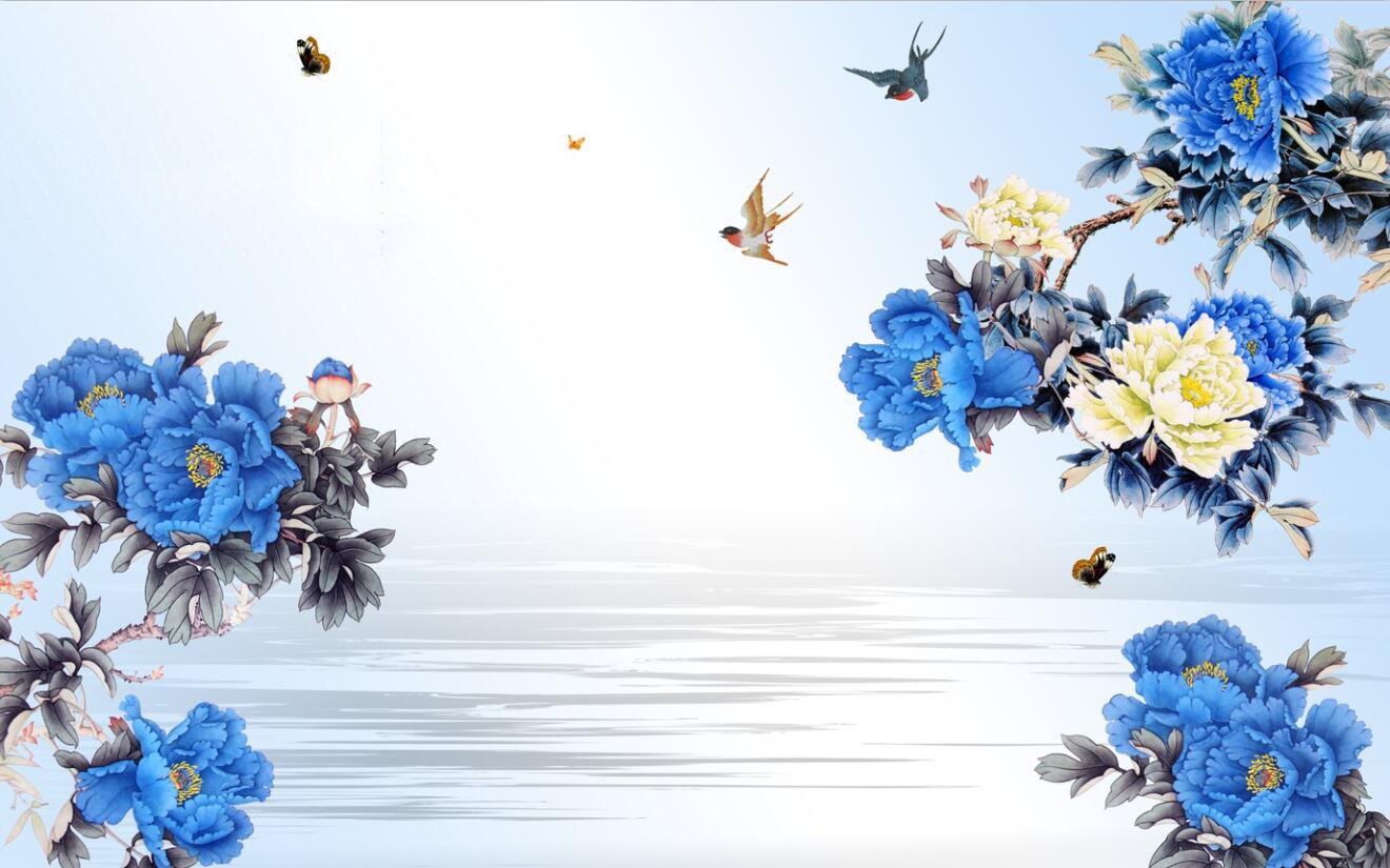 3D Bird blue flower decals Wallpaper AJ Wallpaper 1