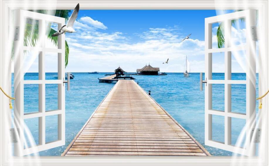 3D Window Sea Scenery 908 Curtains Drapes Wallpaper AJ Wallpaper