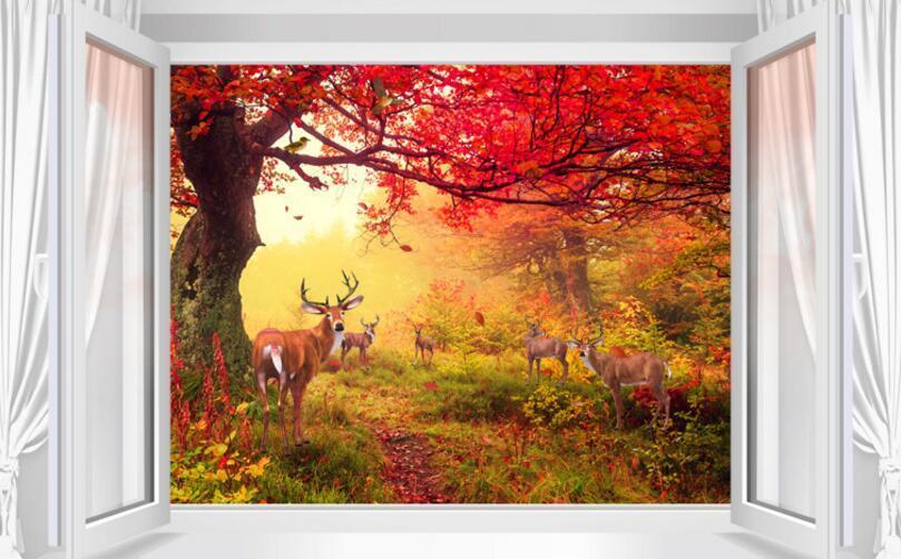 3D Trees And Deer 878 Curtains Drapes Wallpaper AJ Wallpaper