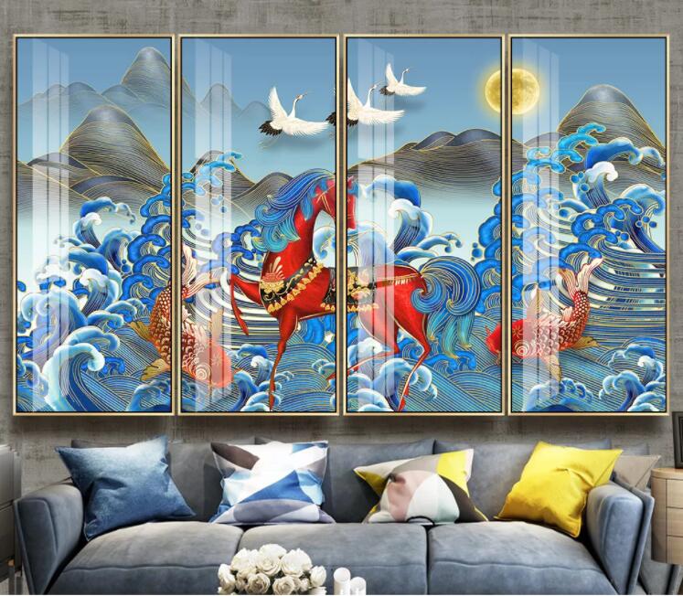 3D Horse Goldfish Crane WC2382 Wall Murals