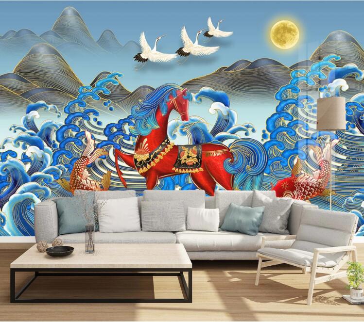 3D Horse Goldfish Crane WC2382 Wall Murals