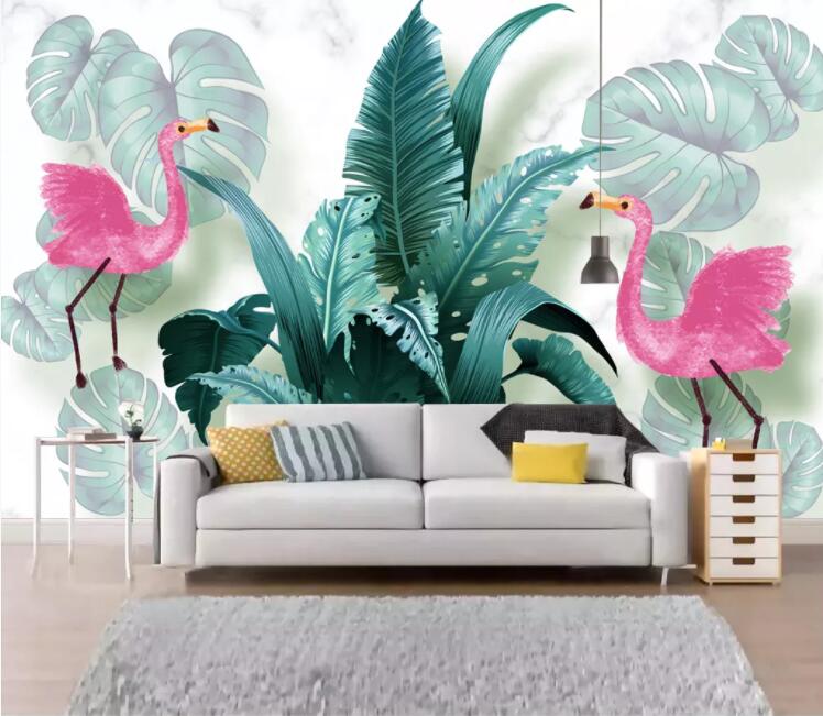 3D Flamingo Leaves WC1782 Wall Murals