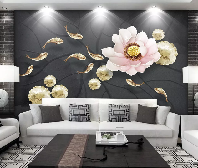 3D Lotus Golden Fish WC1962 Wall Murals
