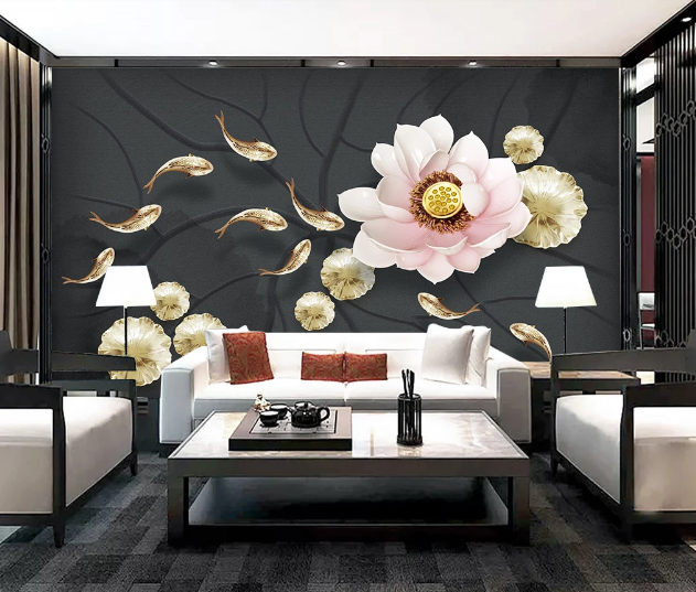 3D Lotus Golden Fish WC1962 Wall Murals
