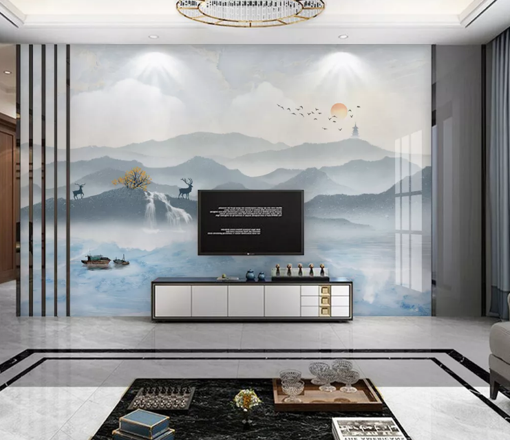 3D Temple Deer River WC2180 Wall Murals