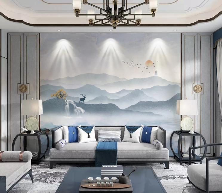 3D Temple Deer River WC2180 Wall Murals