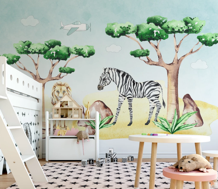 3D Zebra Lion Tree WC1815 Wall Murals