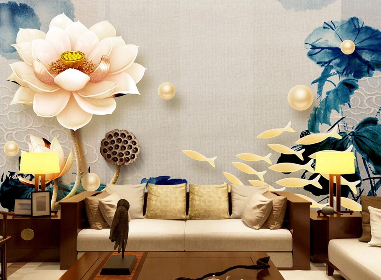3D Golden Pearl Lotus WC520 Wall Murals