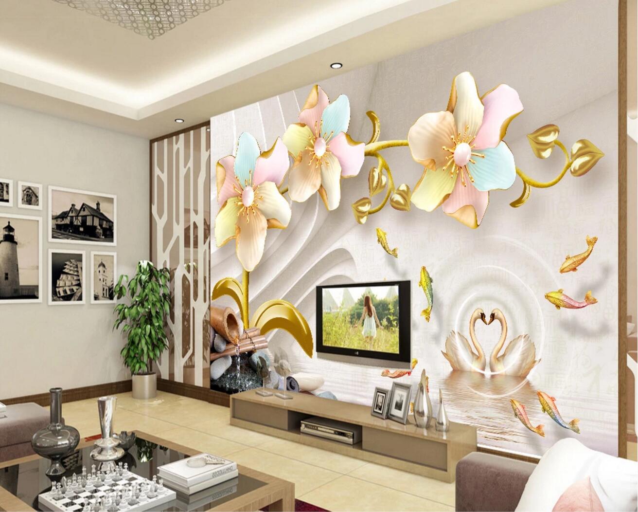 3D Swan Goldfish WC693 Wall Murals