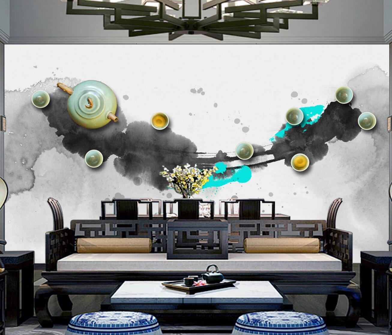 3D Green Teapot Teacup WC543 Wall Murals