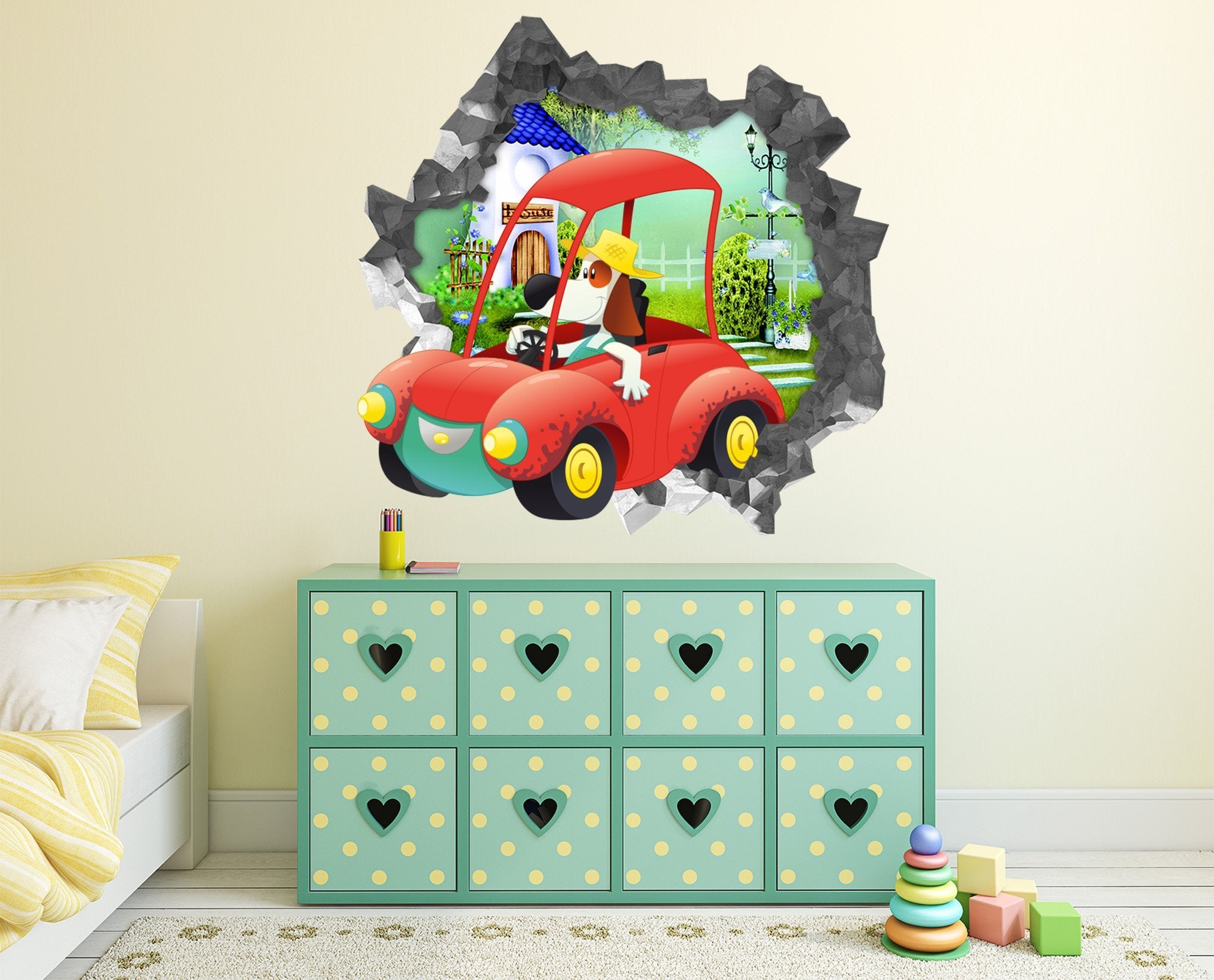 3D Cartoon Dog Car 89 Broken Wall Murals Wallpaper AJ Wallpaper