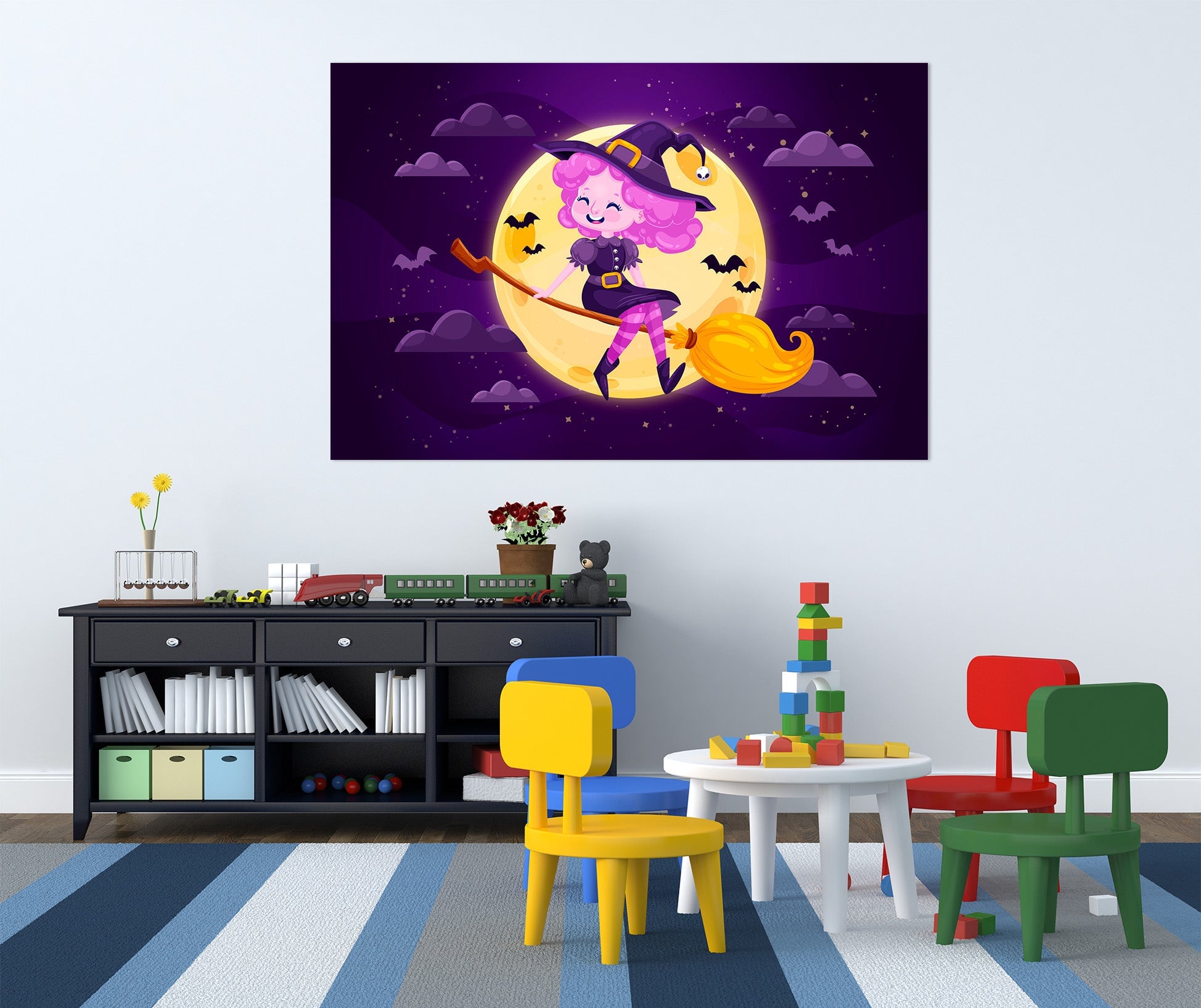 3D Moon Bat Cute Girl 014 Halloween Wall Stickers Wallpaper AJ Wallpaper 2