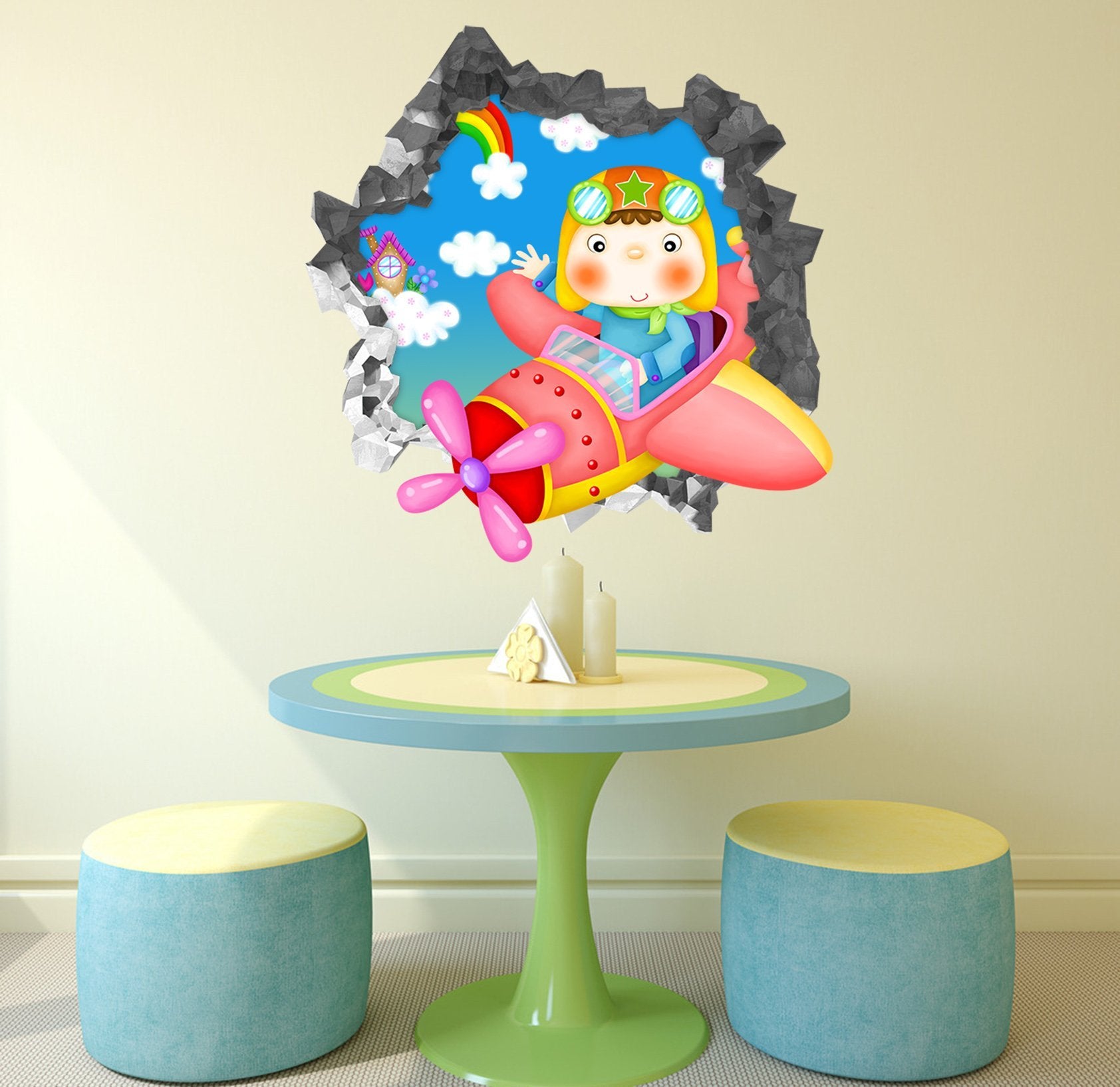 3D Cute Pilot 86 Broken Wall Murals Wallpaper AJ Wallpaper