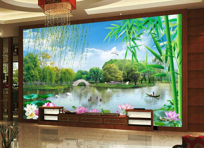 3D Bridge Lotus Pond Tree Wallpaper AJ Wallpaper 1
