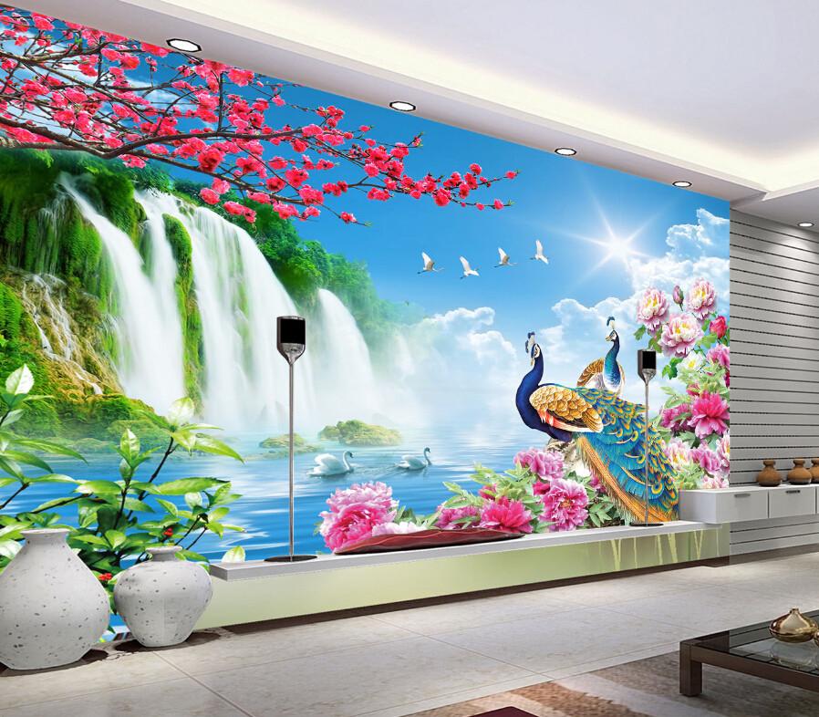 3D Beautiful Peacock And Waterfall Wallpaper AJ Wallpaper 1