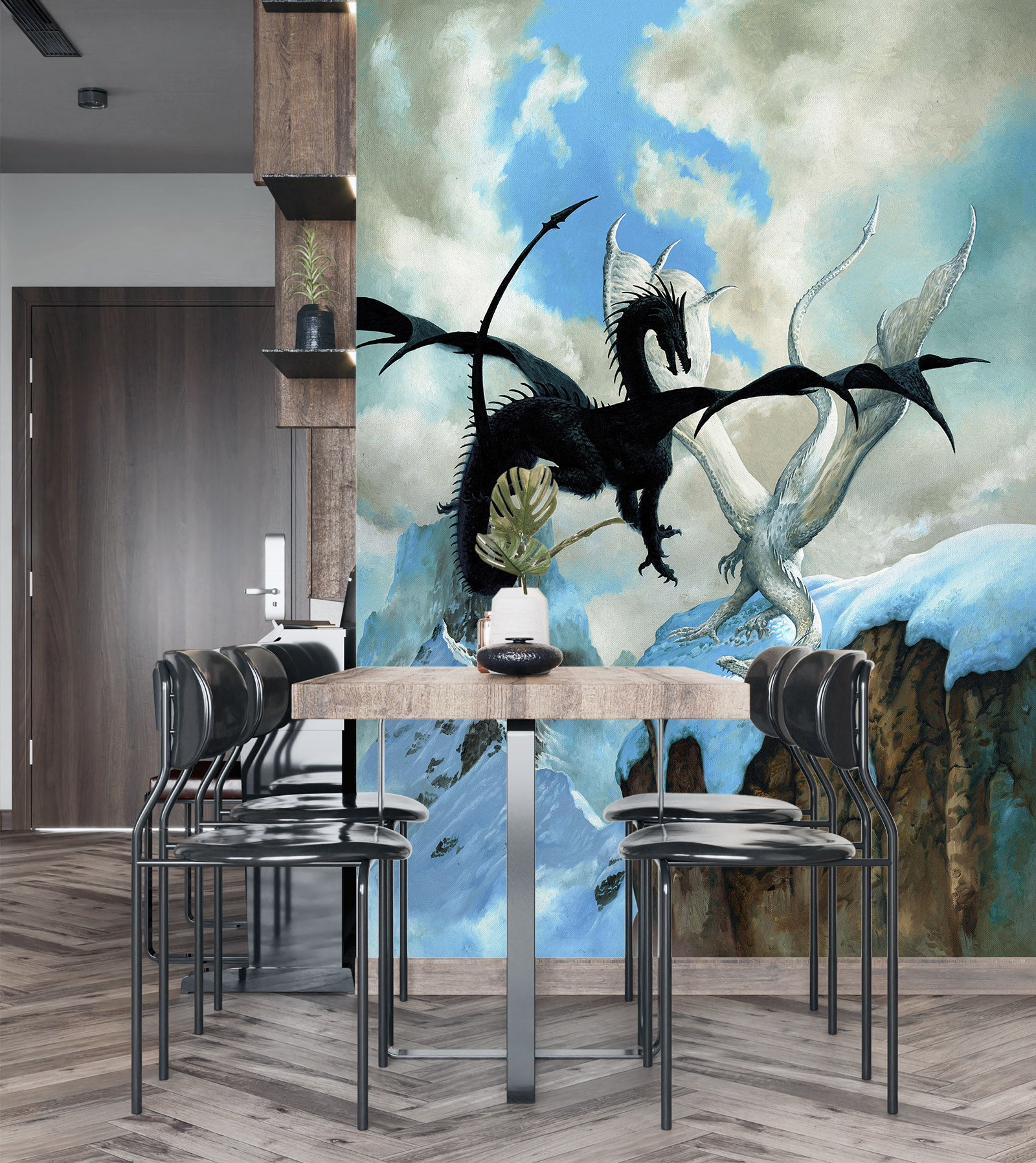 3D Snow Mountain Black White Dragon 7133 Ciruelo Wall Mural Wall Murals