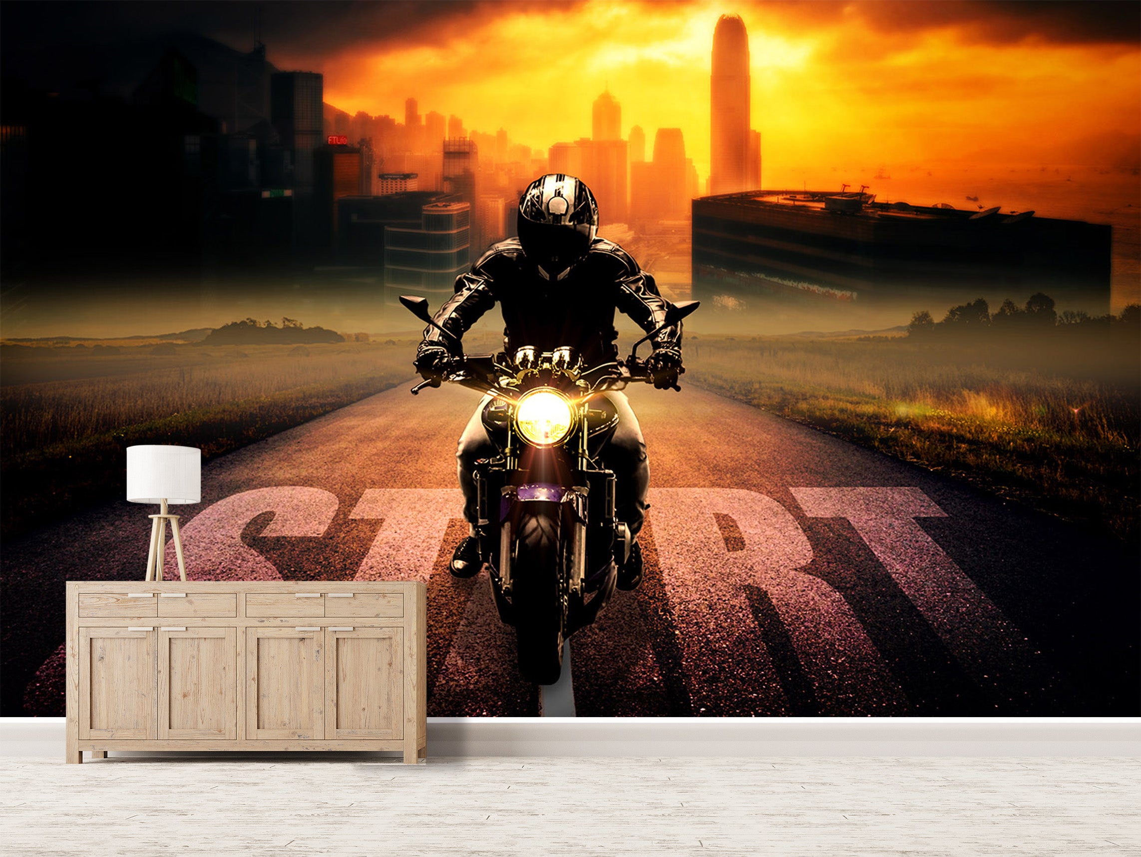 3D Sunset Motorcycle 049 Vehicle Wall Murals